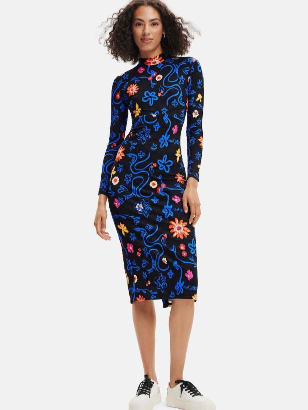 Desigual Lila Floral Ribbed Bodycon Midi Dress Size Small